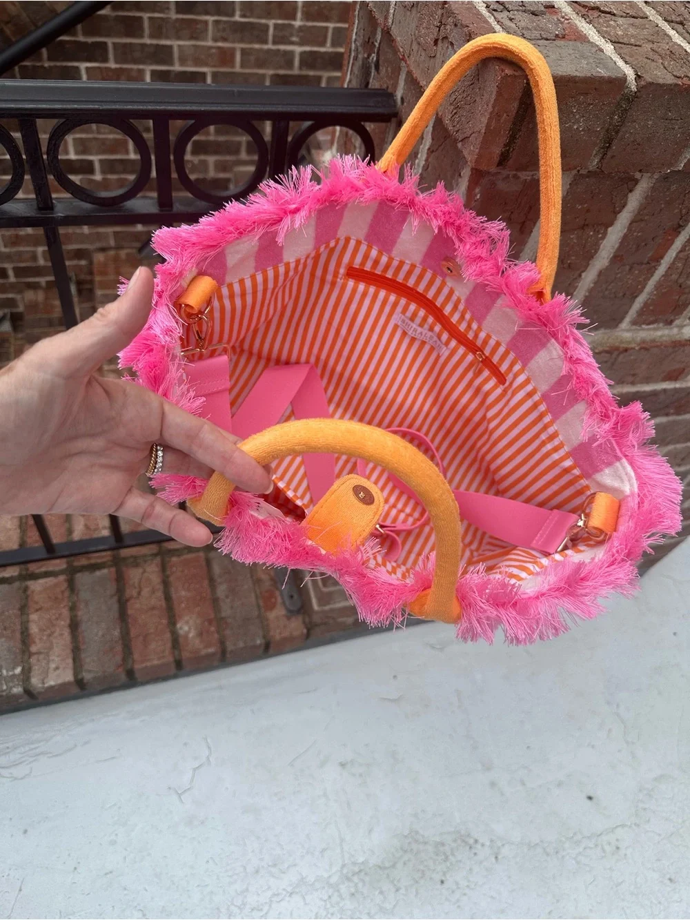 Shiraleah Pink & White Striped Tote Bag with Orange Handles NWT - Picture 11 of 11